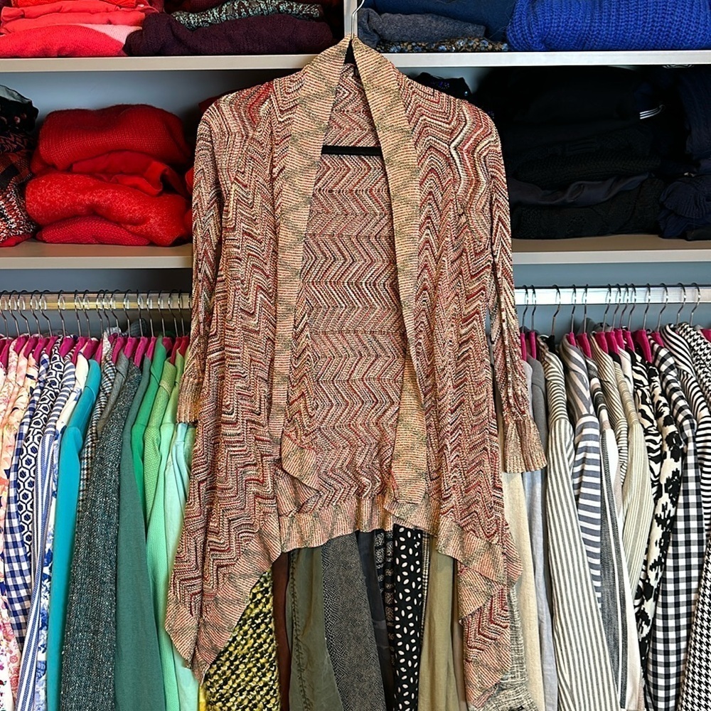 I.N.C. pink/tan/maroon chevron print long sleeve open front cardigan size S​